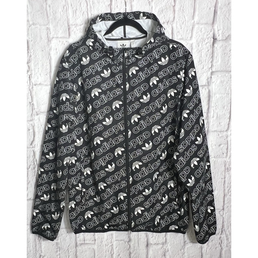 ADIDAS Monogram Windbreaker Raincoat Hooded Track Jacket Mens Black Size S